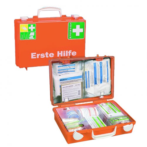 Erste-Hilfe-Koffer SN-CD von Söhngen in orange mit weißem Griff und grünem Erste-Hilfe-Symbol, geöffnet mit sichtbar sortiertem Erste-Hilfe-Material