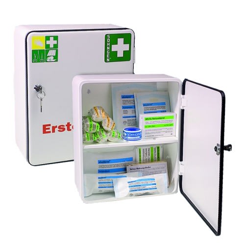 Verbandschrank HEIDELBERG von Söhngen mit Erste-Hilfe-Material, weißer Metallkasten mit grünem Kreuz und Schlüssel