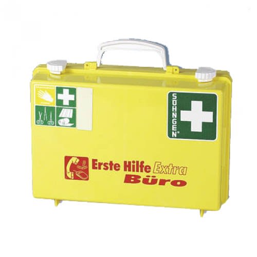 Gelber Erste-Hilfe-Koffer mit Aufschrift Büro und Söhngen Logo