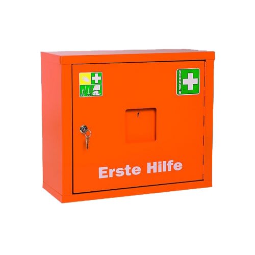 Oranger Verbandschrank JUNIORSAFE von Söhngen mit Erste Hilfe Aufschrift und grünem Erste Hilfe Symbol