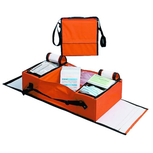 Bereitschaftstasche Ruck-Zuck von Söhngen in orange mit geöffnetem und geschlossenem Zustand, gefüllt mit medizinischem Material