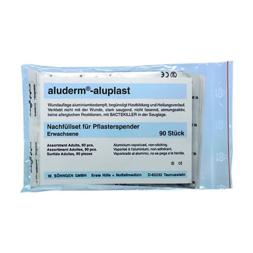 Nachfüllset für aluderm-aluplast Pflasterspender mit 90 Stück Wundauflagen, aluminiumbedampft, für Erwachsene
