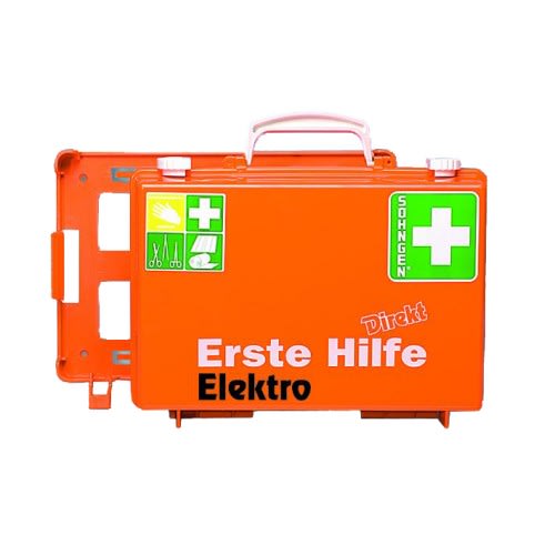 Erste Hilfe Koffer Elektro orange mit weißen und grünen Erste Hilfe Symbolen von Söhngen