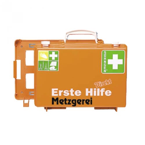 Erste Hilfe Koffer Metzgerei orange mit weißen und grünen Erste Hilfe Symbolen und Aufschrift Erste Hilfe Metzgerei