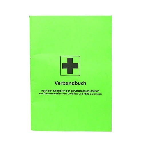 Grünes Verbandbuch zur Dokumentation von Unfällen und Hilfeleistungen mit schwarzem Kreuz
