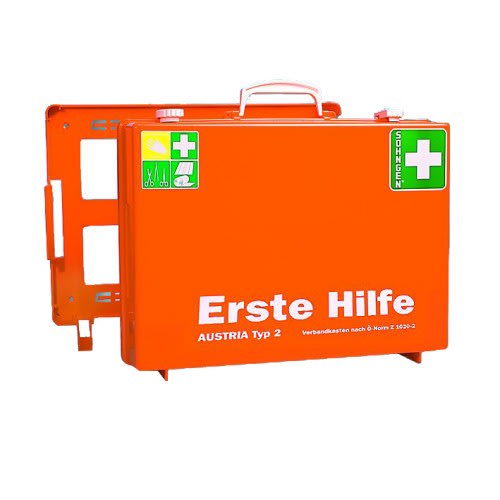 Erste-Hilfe-Koffer MT-CD nach Ö-Norm Z 1020-2 von Söhngen, orange Verbandskasten mit weißem Erste Hilfe Schriftzug und grünem Kreuz