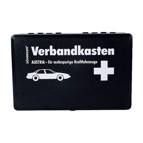 Verbandkasten für mehrspurige Kraftfahrzeuge nach Ö-Norm V 5101 von Söhngen, schwarzer Erste-Hilfe-Kasten mit weißem Auto-Symbol und Kreuz
