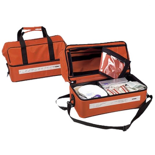 Sanitäts-Pflege-Tasche Söhngen in orange mit geöffnetem und geschlossenem Zustand, gefüllt mit medizinischem Zubehör