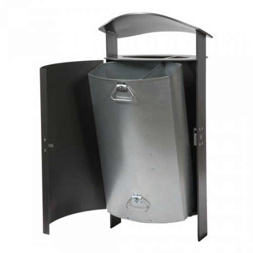 Stand-Abfallbehälter mit gewölbter Abdeckhaube und integriertem Ascher, geöffnet mit sichtbarem Inneneimer aus Metall, Inhalt 10 + 60 Liter