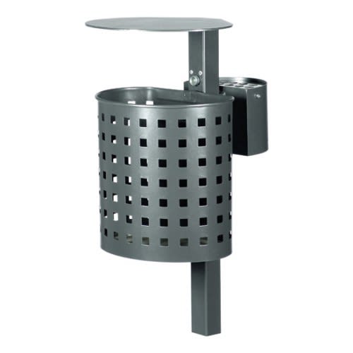 Halbrund-Abfallbehälter aus Metall mit quadratischen Aussparungen, inklusive Ascher, Abdeckhaube und Pfosten, 2 + 20 Liter Fassungsvermögen