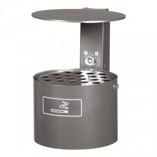 Rundascher mit Schutzdach aus Metall, Inhalt 4 Liter, graue Farbe, mit Symbol für Raucher