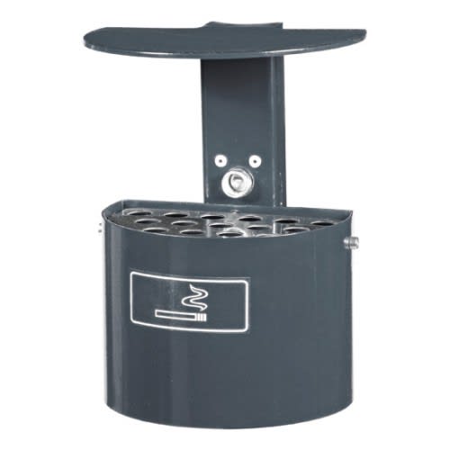 Halbrundascher mit Schutzdach aus Metall, Inhalt 2 Liter, graue Farbe, mit Symbol für Raucher