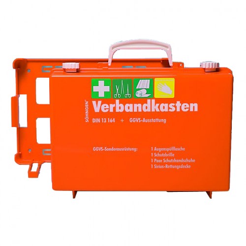 Oranger KFZ-Verbandkoffer SN-CD mit GGVSE-Zusatzausstattung von Söhngen, DIN 13164, mit Augenspüllflasche, Schutzbrille, Schutzhandschuhen und Sirius-Rettungsdecke
