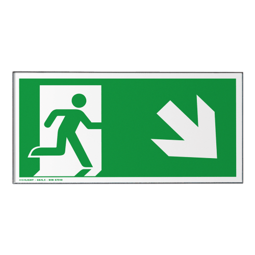 Rio Fluchtwegweiser mit grünem Hintergrund, laufender Figur und Pfeil nach rechts unten