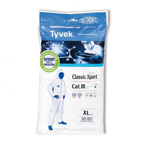 Tyvek Classic Schutzoverall Kat. III Typ 5+6 in XL Größe verpackt mit Schutzkleidung und DuPont Logo