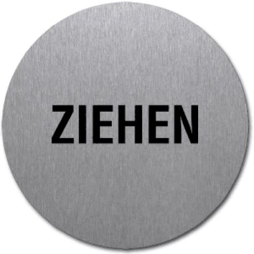 Rundes Metallschild mit dem Aufdruck Ziehen in schwarzer Schrift