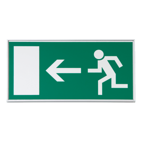 Madrid Fluchtwegweiser grünes Notausgangsschild mit laufender Figur und Pfeil nach links