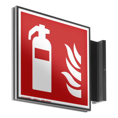 MADRID Black Line Fahnenschild mit Feuerlöscher-Symbol und Flammen auf rotem Hintergrund