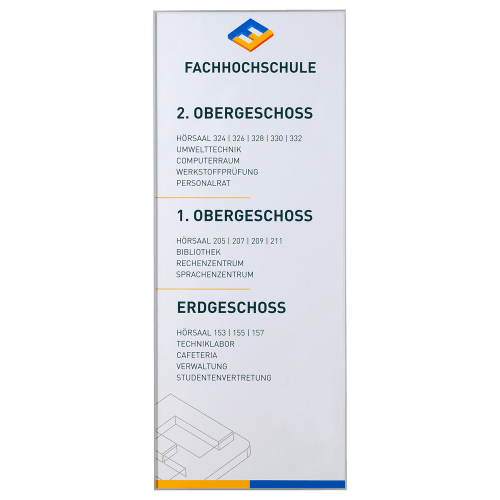 MADRID Etagenwegweiser EasyFlexx mit Beschriftung für Fachhochschule, 2. Obergeschoss, 1. Obergeschoss und Erdgeschoss mit Raumangaben und Einrichtungen