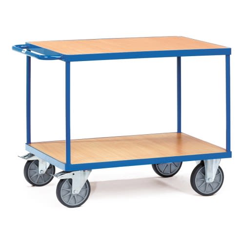 FETRA Schwerer Tischwagen 2400 mit 2 Holzböden und blauer Metallrahmen, Tragkraft 500 bis 600 kg