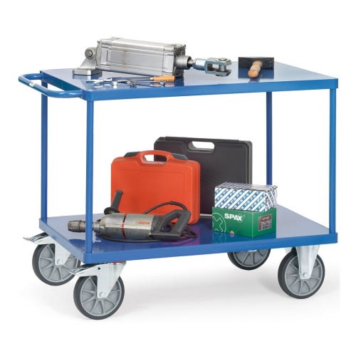 FETRA Schwerer Tischwagen 2400B mit 2 Stahlblechböden und Werkzeugen, Tragkraft 500 bis 600 kg, blauer Metallwagen mit vier Rollen