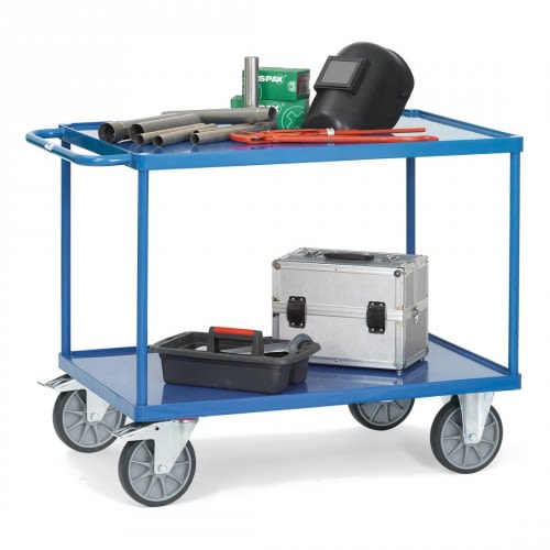FETRA Schwerer Tischwagen 2400W mit 2 Stahlblechwannen, Tragkraft 500 bis 600 kg, blau, mit Werkzeugen und Schweißhelm