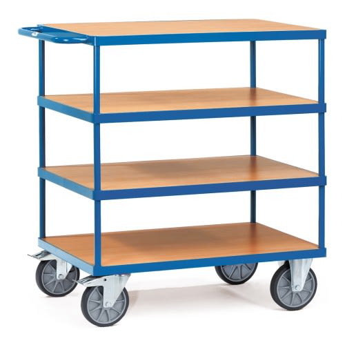 FETRA Schwerer Tischwagen 2442 mit 4 Holzböden und blauer Metallrahmen, Tragkraft 600 kg