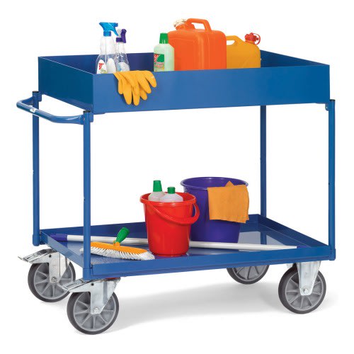 FETRA Tischwagen 4840 mit 2 Stahlblechwannen, extra hoher Rand, Tragkraft 400 kg, blau, mit Reinigungsutensilien