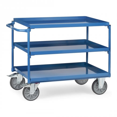 FETRA Tischwagen 4830 mit 3 blauen Stahlblechböden und waagerechtem Schiebegriff, Tragkraft 400 kg