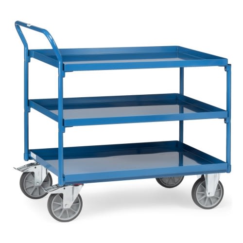 Blauer FETRA Tischwagen 4930 mit 3 Stahlblechwannen und schrägem Schiebegriff, Tragkraft 400 kg