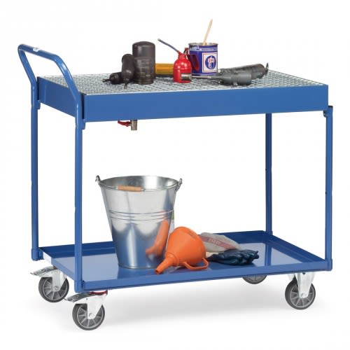 FETRA Tischwagen 2722 mit 2 Stahlblechwannen, konischem Ablauf und Ablasshahn, Tragkraft 250 kg, blauer Werkstattwagen mit Werkzeug und Zubehör