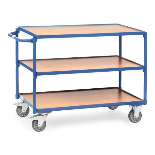FETRA leichter Tischwagen 2950 mit 3 Holzböden, blauem Metallrahmen und waagerechtem Schiebegriff, Tragkraft 250 kg