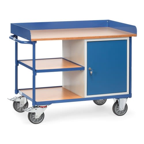 FETRA Schwerer Werkstattwagen 2435 mit 1-türigem Schrank, Zwischenboden, Abrollrand und Tragkraft 400 kg, blau und holzfarben