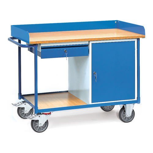 FETRA Schwerer Werkstattwagen 2436 mit 1-türigem Schrank, 1 Schublade, Abrollrand und Tragkraft 400 kg, blau mit Holzarbeitsfläche