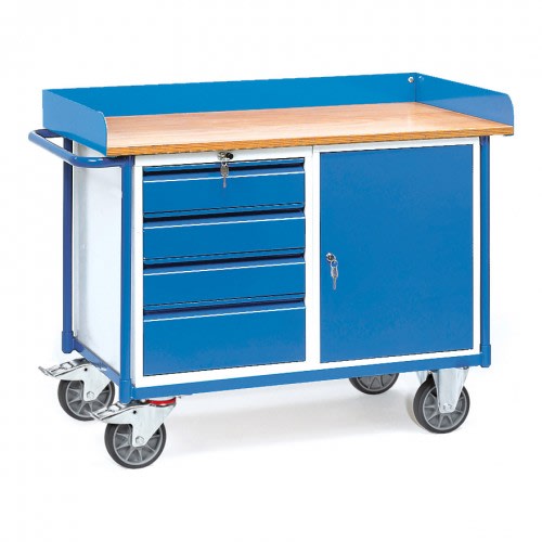 FETRA Schwerer Werkstattwagen 2438 mit 1-türigem Schrank, 4 Schubladen, Abrollrand und Tragkraft 400 kg, blauer Werkstattwagen mit Holzarbeitsplatte