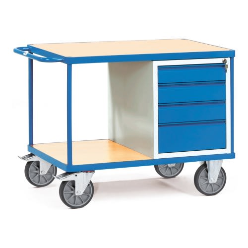 FETRA Schwerer Werkstattwagen Tischwagen mit 4 blauen Schubladen und Holzarbeitsfläche, Tragkraft 600 kg