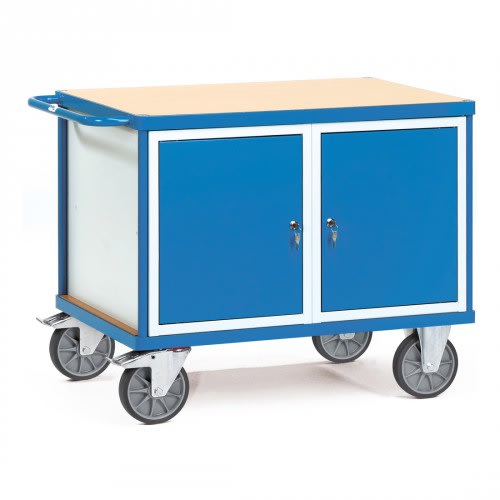 FETRA Schwerer Werkstattwagen Tischwagen mit 2-türigem Schrank und Tragkraft 600 kg, blau-weiß mit Holzarbeitsplatte und großen Rollen