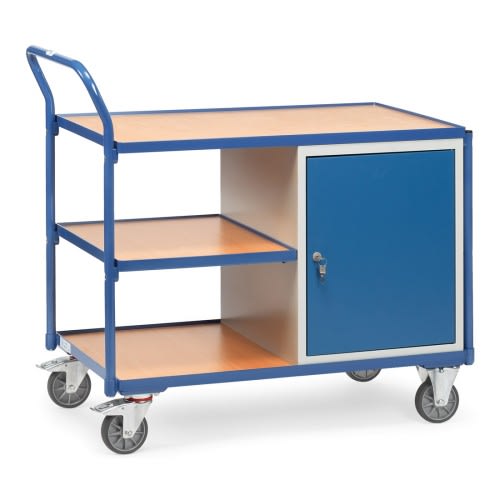 FETRA leichter Werkstattwagen Tischwagen 2632 mit 1-türigem blauen Schrank und Zwischenboden, Tragkraft 300 kg, mit Holzablagen und vier Rollen