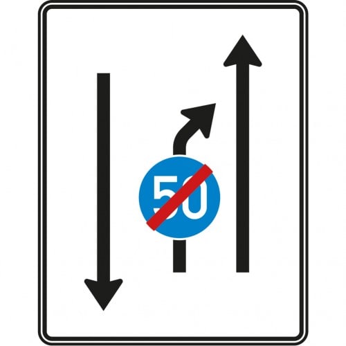 Verkehrszeichen Einengungstafel mit Gegenverkehr, Einzug links, noch 1 Fahrstreifen und 1 Fahrstreifen in Gegenrichtung mit VZ 279