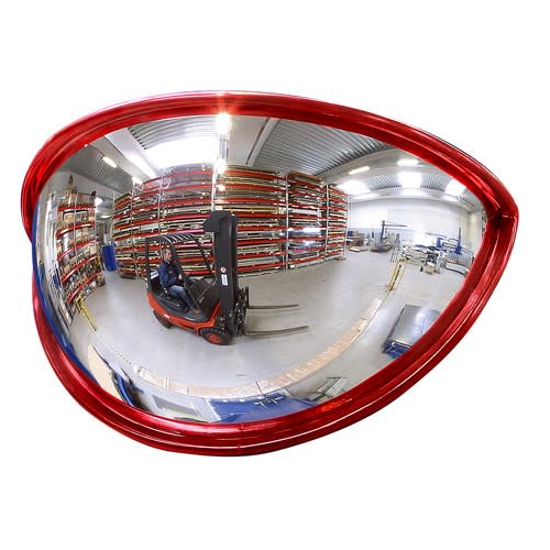 Industrie- und Verkehrsspiegel EXPLORER 180 mit rotem Rahmen zur Überprüfung von 3 Richtungen in Lagerhalle mit Gabelstapler