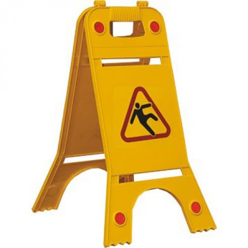 Gelber Warnaufsteller mit dem Hinweis Achtung Rutschgefahr und Reflektoren