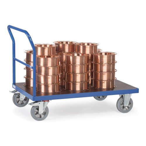 FETRA Schwerer Schiebebügelwagen 12502 mit blauer Plattform und mehreren kupferfarbenen Metallringen, Tragkraft 1200 kg