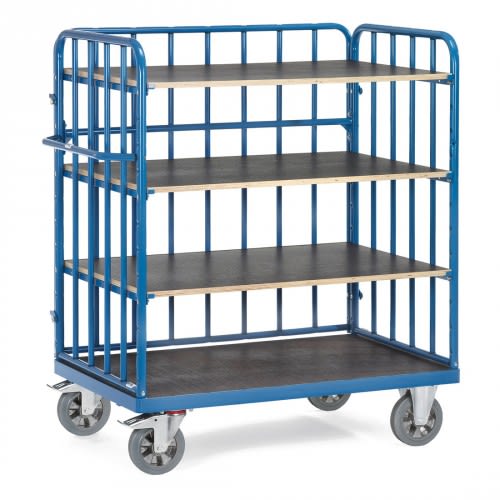 FETRA Schwerer Etagenwagen 18212-1 mit 4 Böden, Längswand und Streben, Tragkraft 1200 kg, blauer Metallrahmen mit Holzablagen und vier Lenkrollen