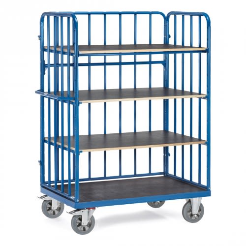 FETRA Schwerer Etagenwagen 18312-1 mit 4 Böden, Längswand und Streben, blaue Metallkonstruktion, Gesamthöhe 1800 mm