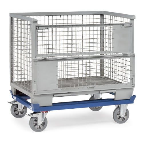 FETRA Paletten-Fahrgestell 22809 mit Elastic-Vollgummi-Bereifung und Tragkraft 1200 kg, Metallgitterbox auf blauem Fahrgestell mit vier Lenkrollen