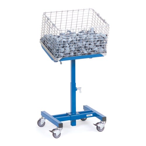 FETRA Materialständer 3280 mit neigbarer Stahlblechplattform und Drahtkorb auf Rollen, Tragkraft 150 kg