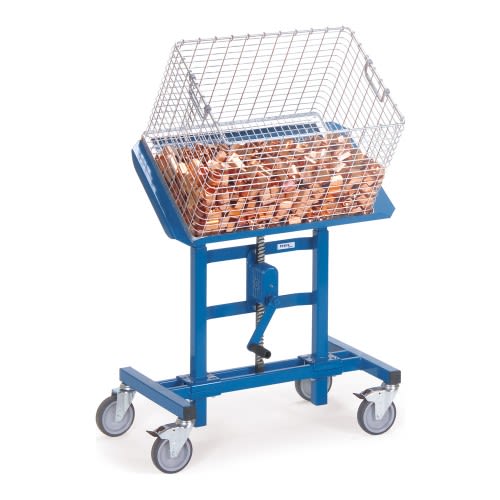 FETRA Materialständer 3285 mit neigbarer Stahlblechplattform, Zahnstangengewinde und Tragkraft 250 kg, blauer Rahmen mit Drahtkorb und vier Rollen