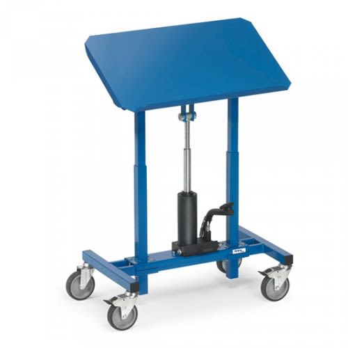 FETRA Materialständer 3286 mit neigbarer blauer Stahlblechplattform und Hydraulikpumpe auf vier Rollen, Tragkraft 250 kg