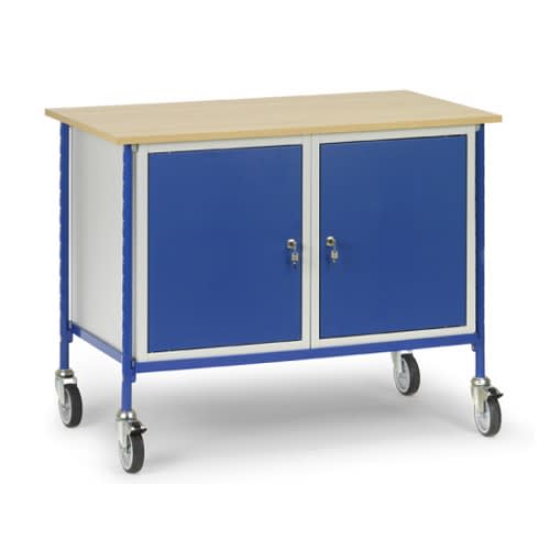 FETRA Rolltisch 5868 mit 2 blauen Flügeltürschränken und Holzarbeitsplatte auf Rollen