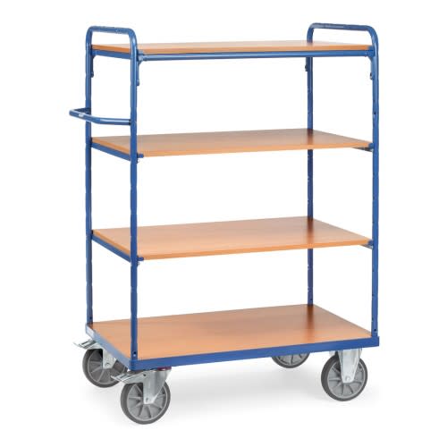 FETRA Etagenwagen 8200 mit 4 Böden und blauer Metallrahmen, Tragkraft 500 bis 600 kg, vier Lenkrollen